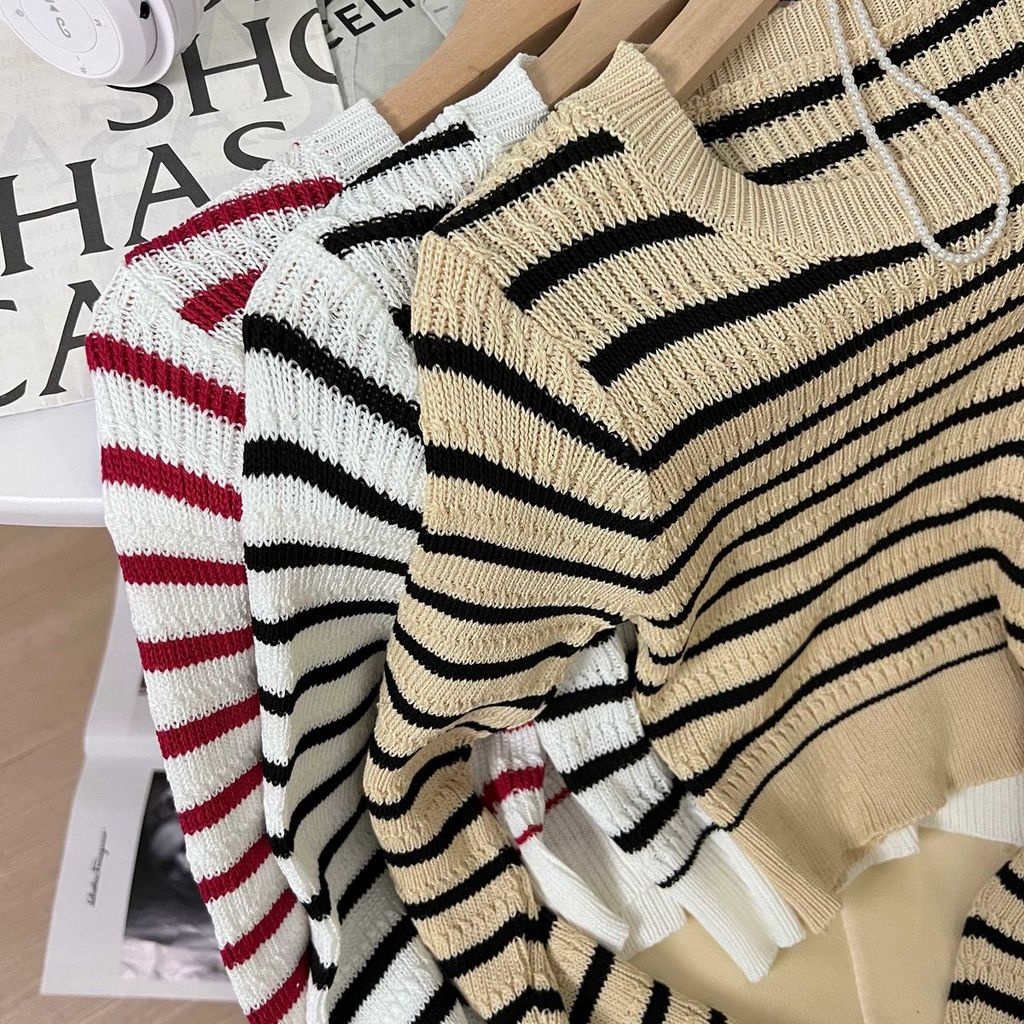 Áo Dệt Kim Mỏng Cổ Tròn Dáng Ôm Họa Tiết Kẻ Sọc Phong Cách retro Thời Trang Mùa Thu Mới