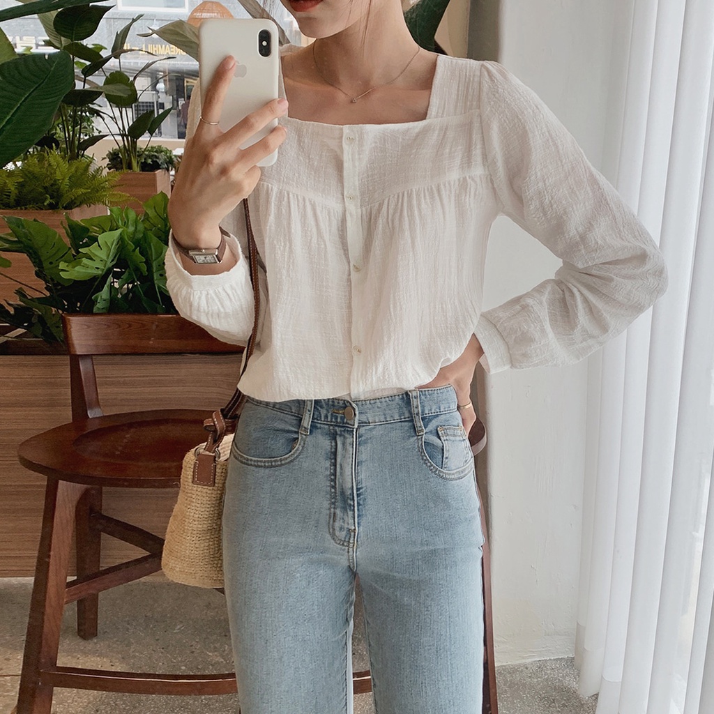 SUXI Áo Sơ Mi Tay Dài Cổ Vuông Màu Sắc Đơn Giản Dễ Phối Đồ Phong Cách Hàn Quốc Cho Nữ