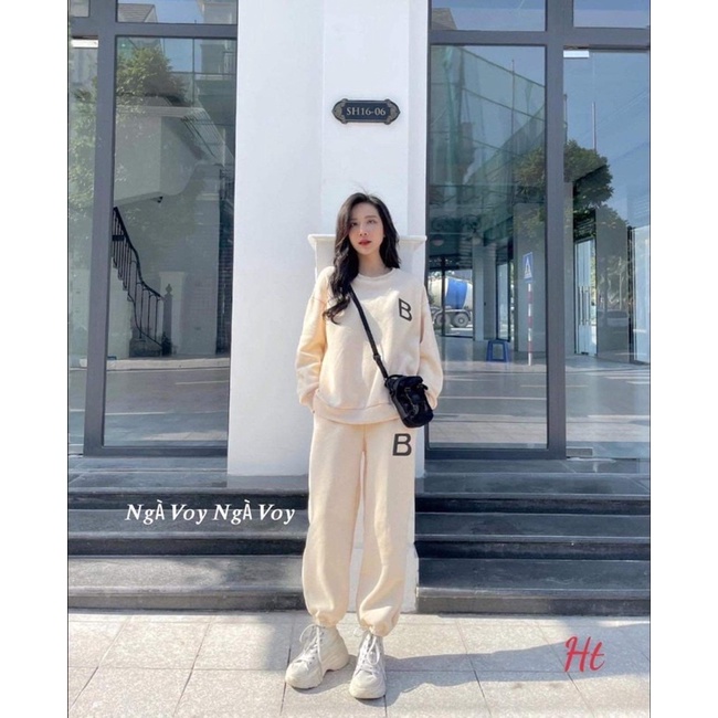 Bộ nỉ cổ tròn cotton chữ B HT12