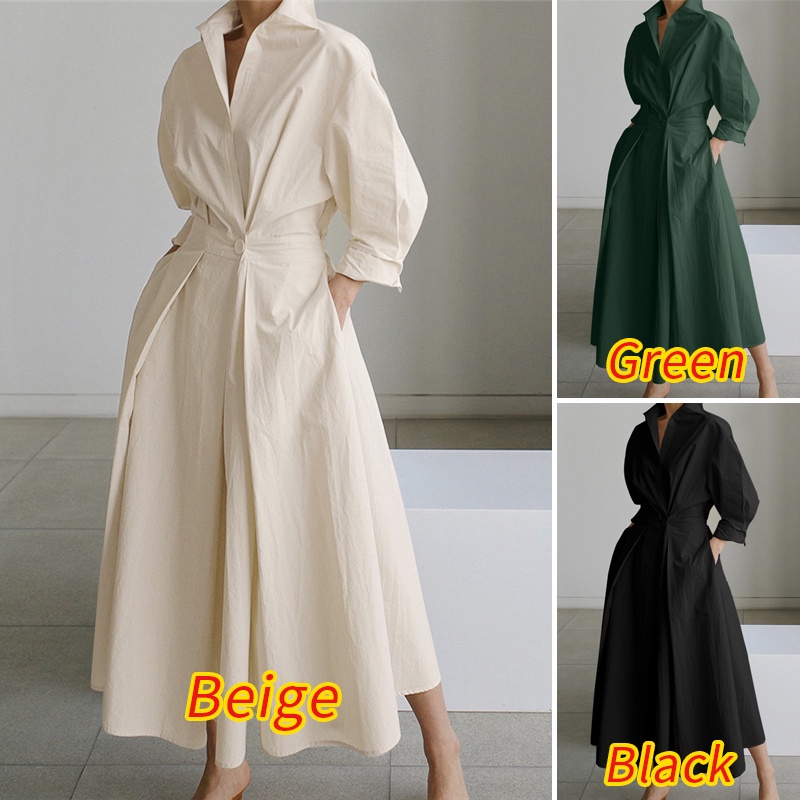 Đầm Maxi ZANZEA Eo Cao Màu Trơn Cổ Bẻ Tay Dài Cho Nữ