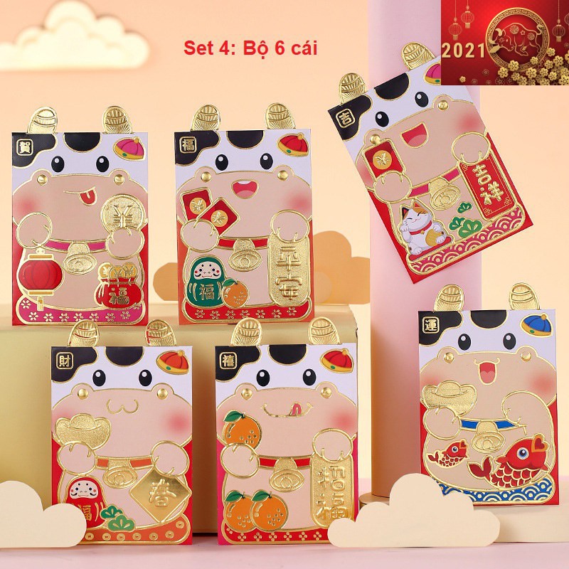 Combo 6 Bao Lì Xì Hoạt Hình TẾT Tân Sửu 2021 - Nhiều loại hình trâu siêu Dễ thương