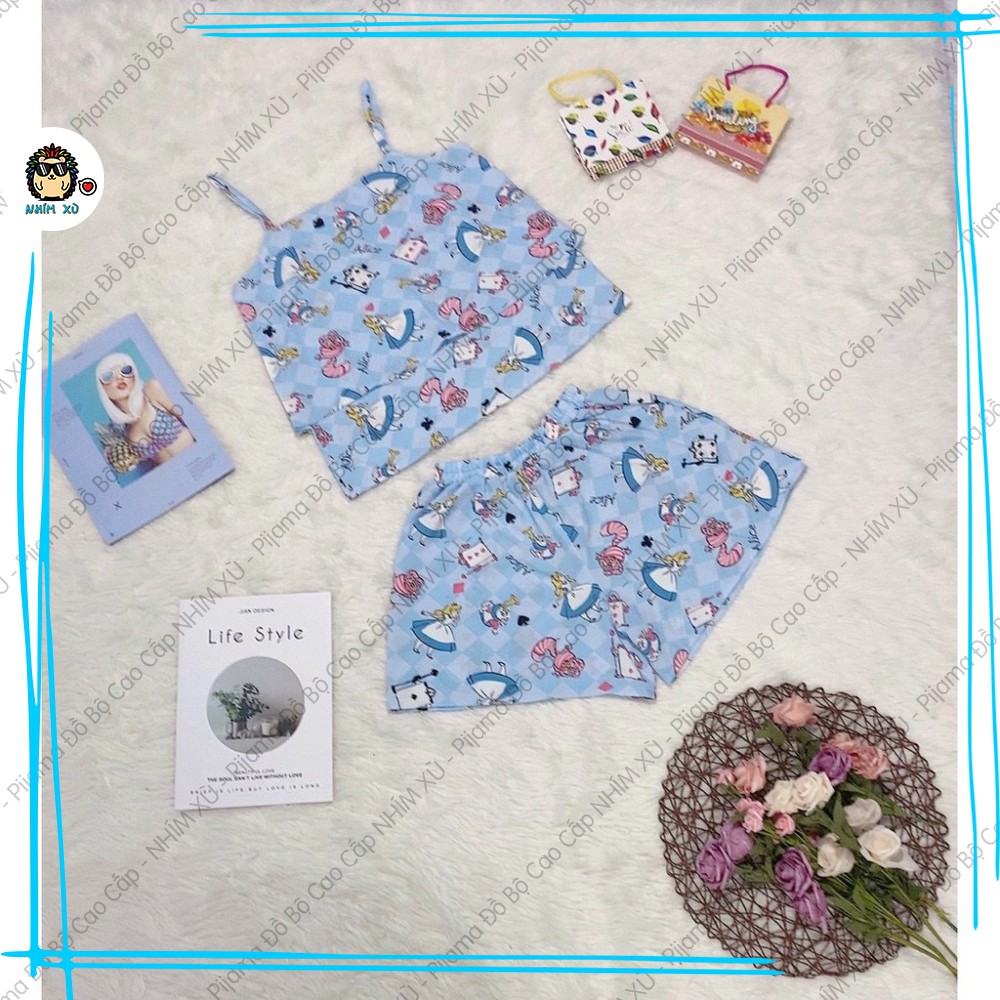 Đồ Bộ Ngủ Pijama Mặc Nhà Quần Đùi Áo 2 Dây Vải Satin Cao Cấp Alice Wonderlands | BigBuy360 - bigbuy360.vn
