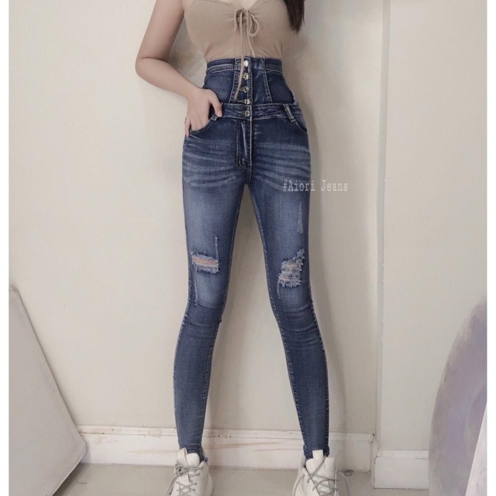 Quần Jeans Nữ - Quần Skinny Lưng Cao 5 Nút Thắt Dây Siết Eo Màu Xanh DX102