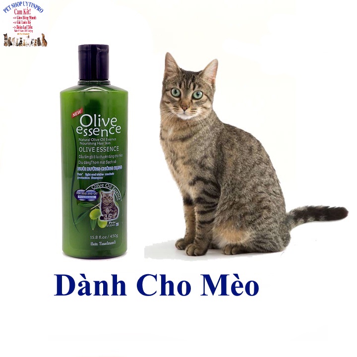 Sữa tắm Chó Mèo Pet Thú Cưng Olive essence Loại 2 Chai 450g Giúp mượt lông, Diệt ve, rận, bọ chét, Hương thơm dịu nhẹ