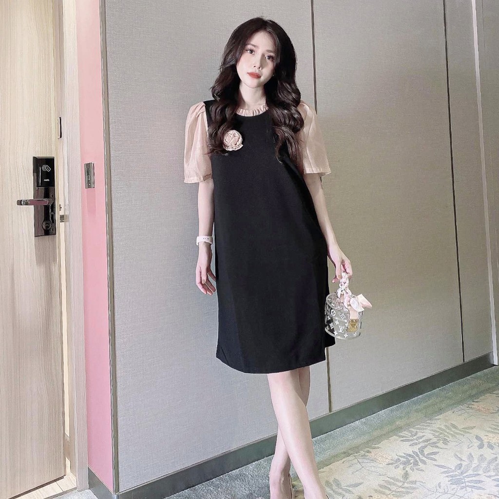 Váy Bầu Đầm Bầu Mùa Hè Công Sở Tay Voan Đính Hoa Ngực Sang Chảnh Vải Mát HD2610 Honey Mommy