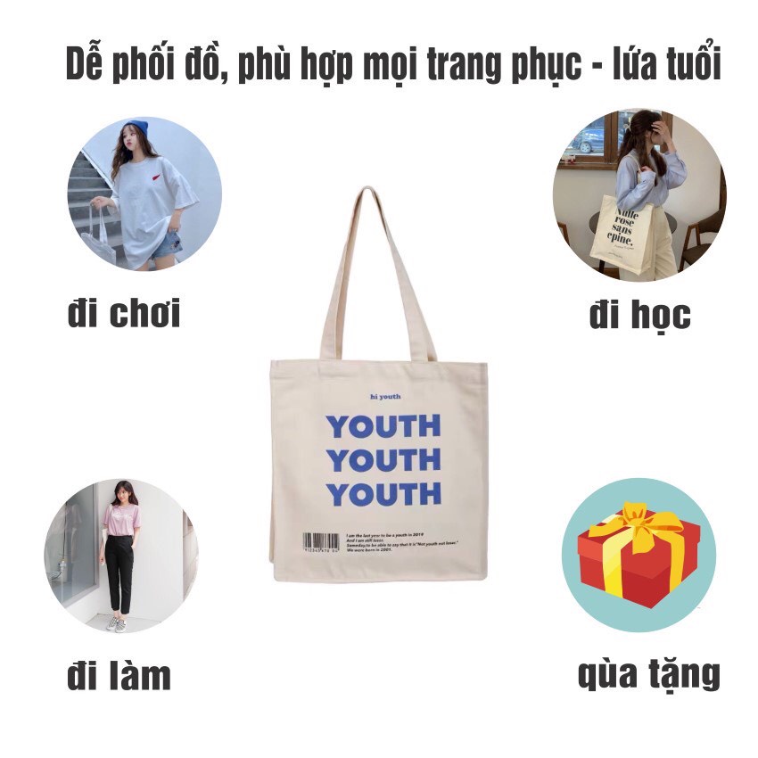 Túi vải túi tote vải canvas đeo vai màu be dày đẹp có cúc bấm và ngăn phụ tiện lợi đi học đi chơi