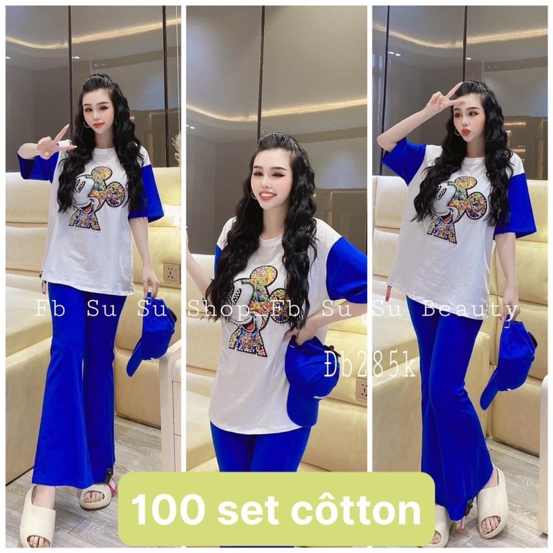 Set bộ áo thun cotton tay phối quần ống loe kèm hình thật