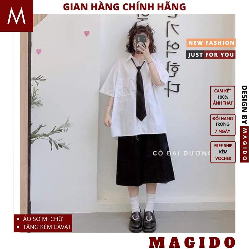 (QUÀ TẶNG LÀ DÂY BUỘC TÓC) áo sơ mi nữ kèm cà vạt 💚 áo sơ mi thêu hoa cúc, thêu gấu nữ trắng cực xinh, kèm cà vạt MAGIDO | BigBuy360 - bigbuy360.vn
