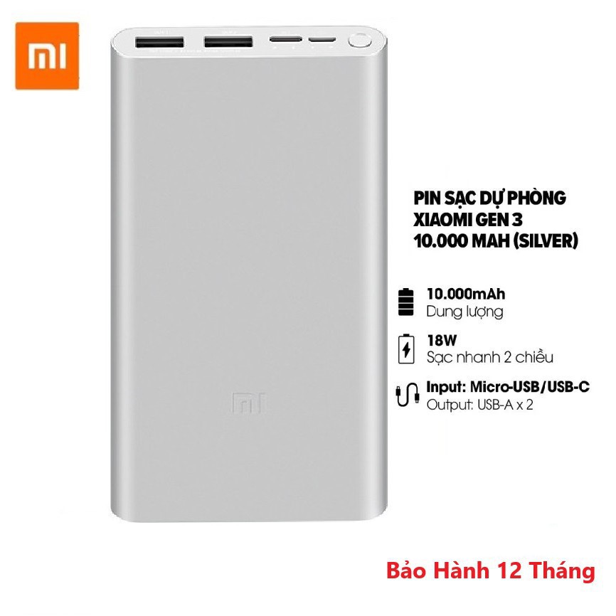 Sạc Dự Phòng Xiaomi Gen 3 18W 10000mAh 2 cổng USB, type C Fast Charge Power Bank Bảo Hành 12 Tháng