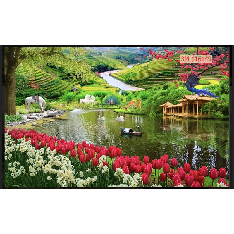 Tranh phong cảnh đồi núi dán tường 3d. tranh in vải lụa siêu bền chống ẩm mốc