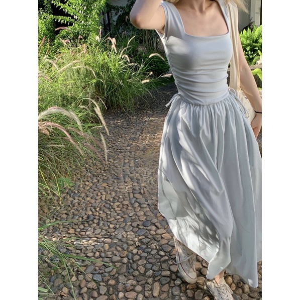 ĐẦM CỔ VUÔNG NỮ RÚT DÂY EO DÁNG DÀI ULZZANG