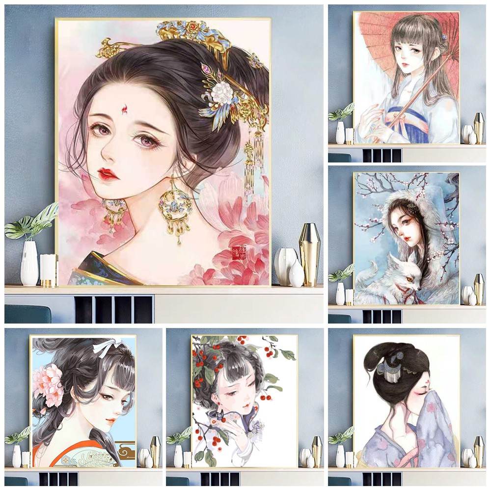 Set tranh sơn dầu 40x50cm tự làm hình cô gái Trung Hoa xinh xắn