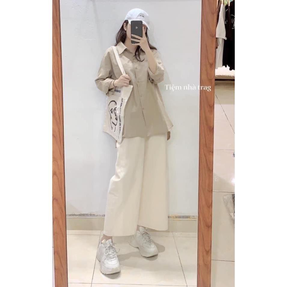 [GIÁ SỐC] Set Sơ Mi Đũi Xanh Be Trắng  Bộ Quần Culottes Suông Ống Rộng Trắng Kèm Áo Sơ Mi Dài Tay