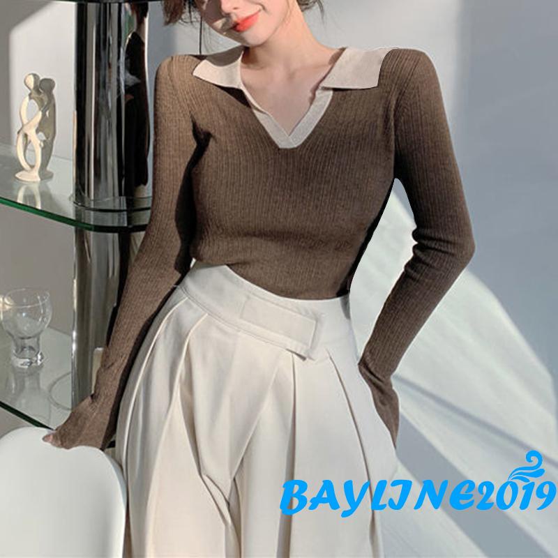 Áo dệt kim tay dài cổ chữ V thời trang cho nữ