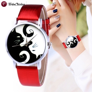 #Đồng hồ đeo tay# Cute White and Black Cats Couple Watches with PU Leather Strap and Round Dial