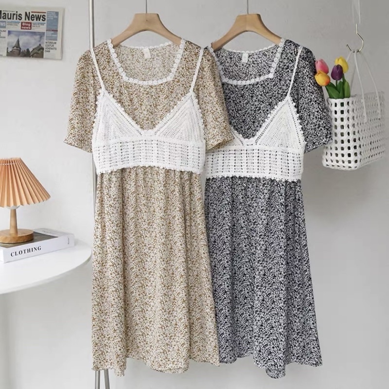 Váy hoa cổ vuông kèm yếm ren Ulzznag style  Hàng Quảng Châu