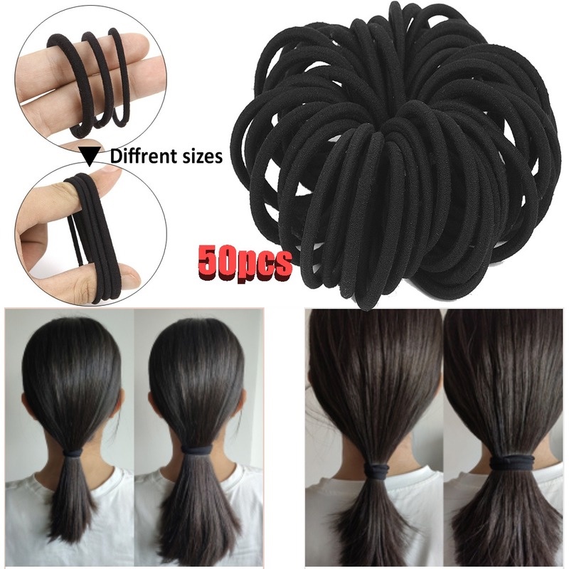 Bộ 50 dây thun cột tóc 3/ 4/ 6mm màu đen xinh xắn cho nữ