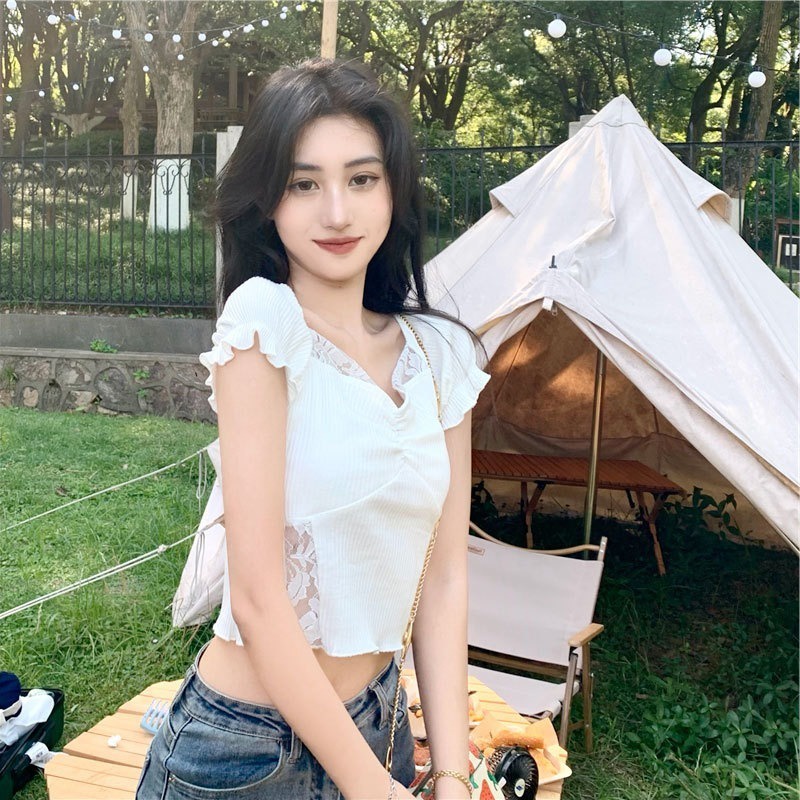 【ZHELIHANGFEI】 / Niche Áo Ngắn Tay Cổ Vuông Eo Cao Hở Rốn Màu Tím Ngọt Ngào Mùa Hè