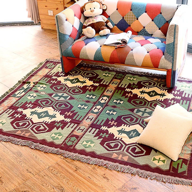 Thảm phủ sofa vintage bằng sợi bông thô màu xanh họa tiết