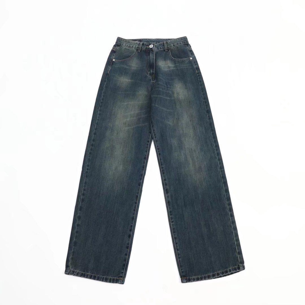 Quần jeans dài ống rộng phong cách retro đường phố Nhật Bản cho nam và nữ
