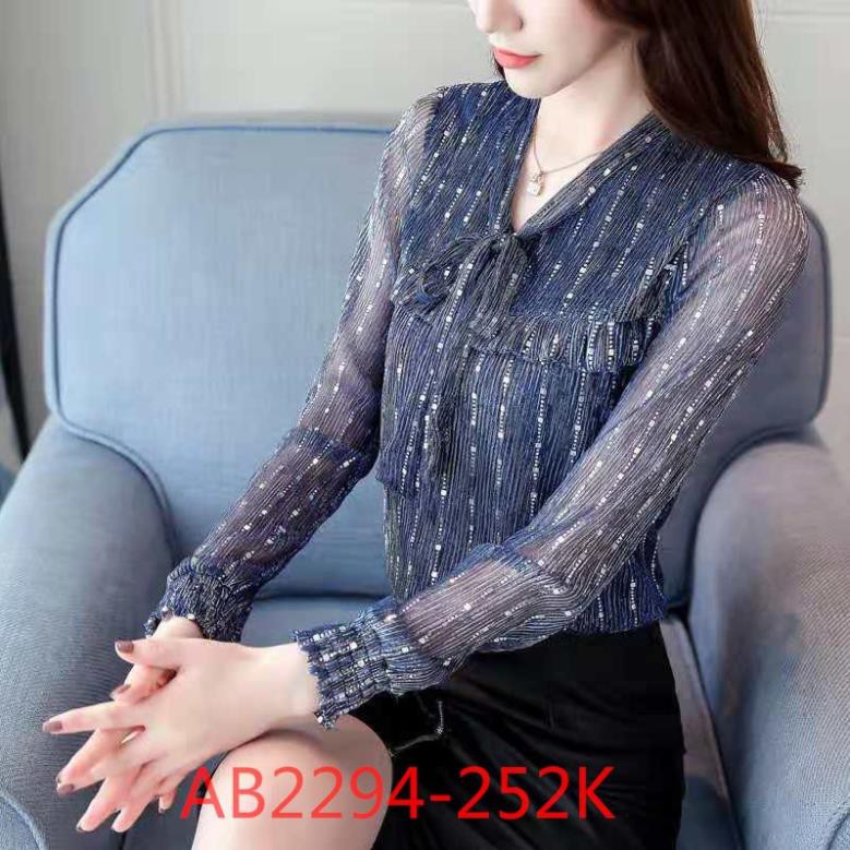 (AB2293) Áo kiểu nữ dài tay phối lưới kẻ kim sa sọc có dây thắt nơ siêu xinh ⚡ 💝