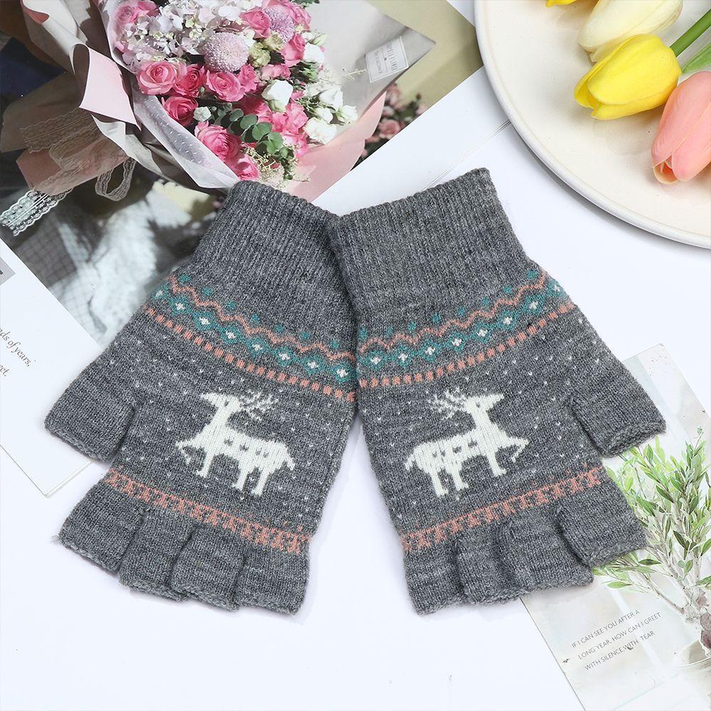 LET 1 Đôi Găng Tay Len Dệt Kim Hở Ngón Họa Tiết Hươu Hoạt Hình Có Thể Chạm Màn Hình Cảm