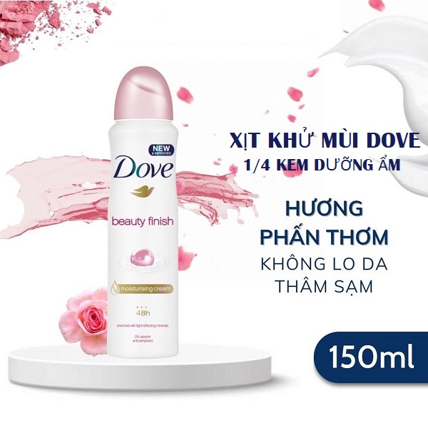 Xịt Khử Mùi Dove 150ml Khô Thoáng 48H Dưỡng Da Sáng Mịn Với 1/4 Kem Dưỡng Ẩm