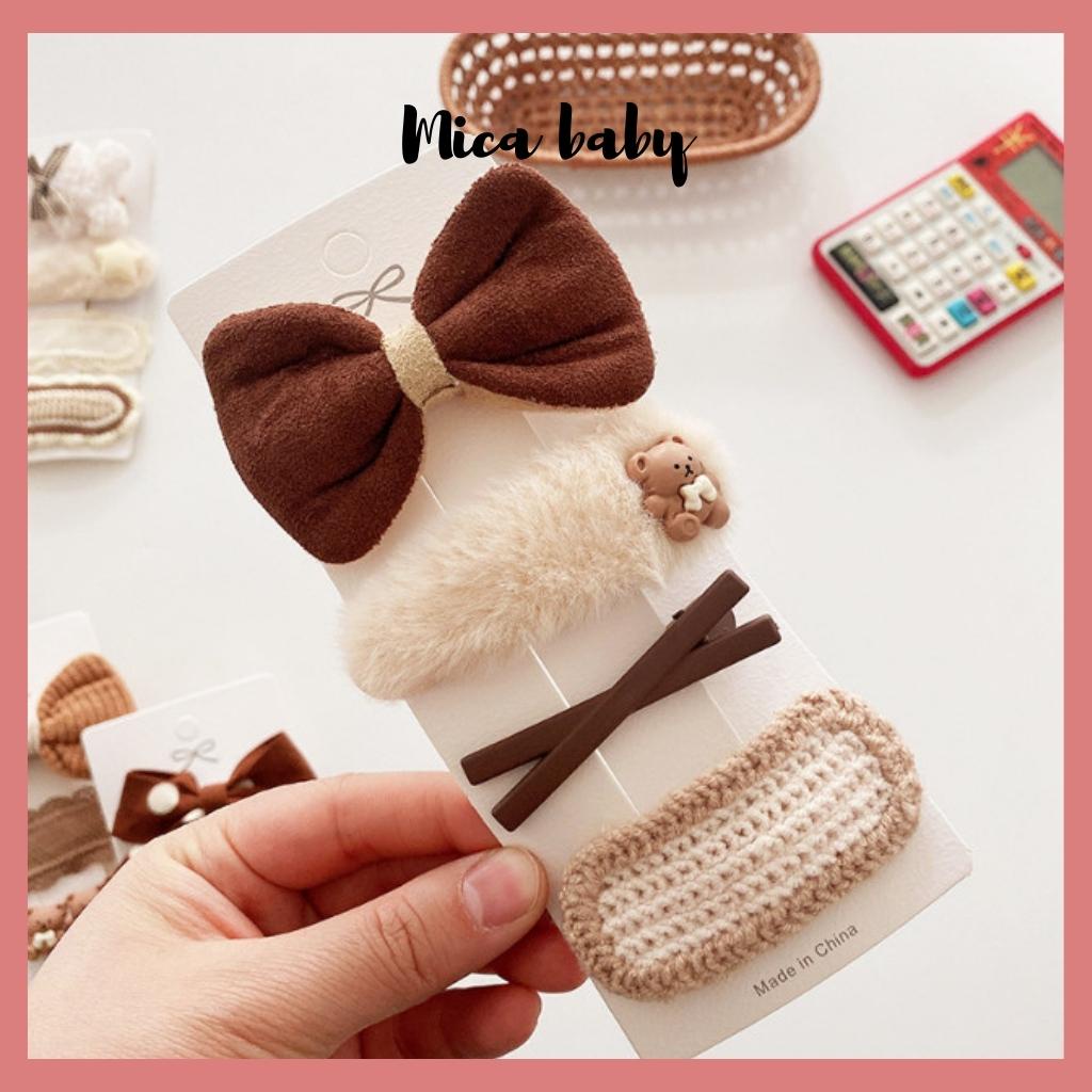 Set kẹp tóc nâu họa tiết dễ thương cho bé gái KT32 Mica Baby