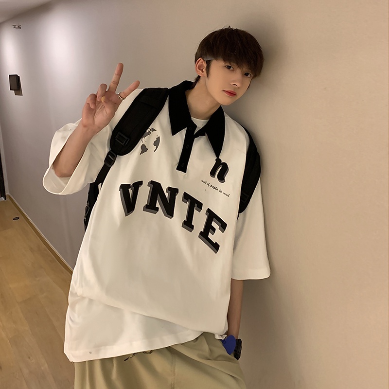Áo polo Tay Ngắn Có Cổ In Chữ Phong Cách Hàn Quốc Thời Trang Mùa Hè Cho Nam