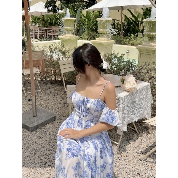 Beachclub-đầm midi nhún ngực tay phồng