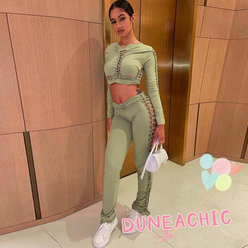 DUNEA Set Áo Thun Tay Dài 2 Dây + Quần Dài Lưng Cao Thiết Kế Quyến Rũ Cho Phái Nữ