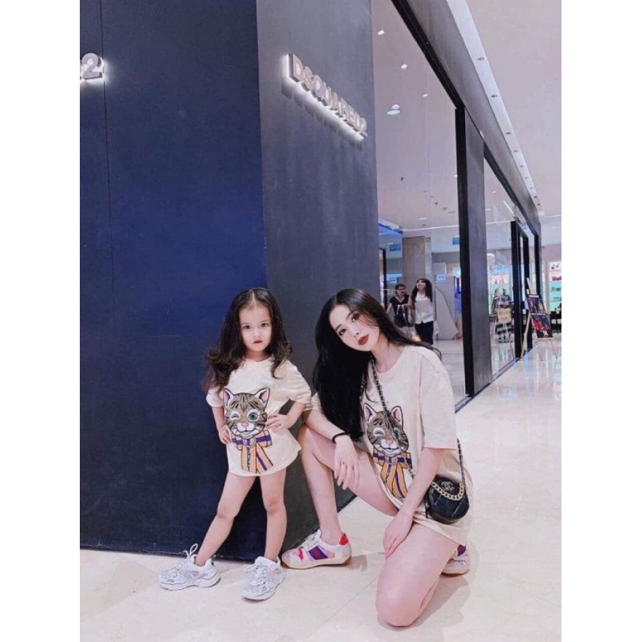 Áo Thun Gia Đình Mẹ Và Bé Màu Trắng In Hình Mèo Nơ Thời Trang DLX