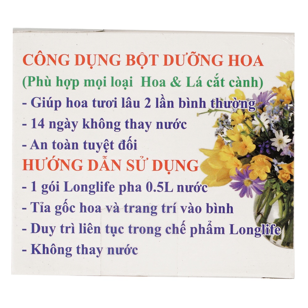 Bột Pha Nước Cắm Hoa Tươi Lâu Long Life Dưỡng Hoa Lâu Tàn Tới 14 Ngày- Hộp 10 Gói (LLD)