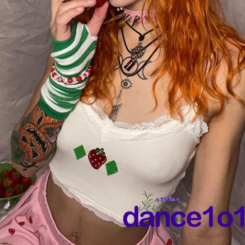 Áo hai dây cổ chữ V họa tiết dâu tây phối ren thời trang cho nữ