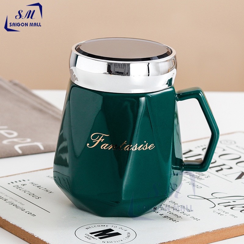 Ly sứ nắp tráng gương thân ly họa tiết kim cương 460ml có tay cầm cao cấp