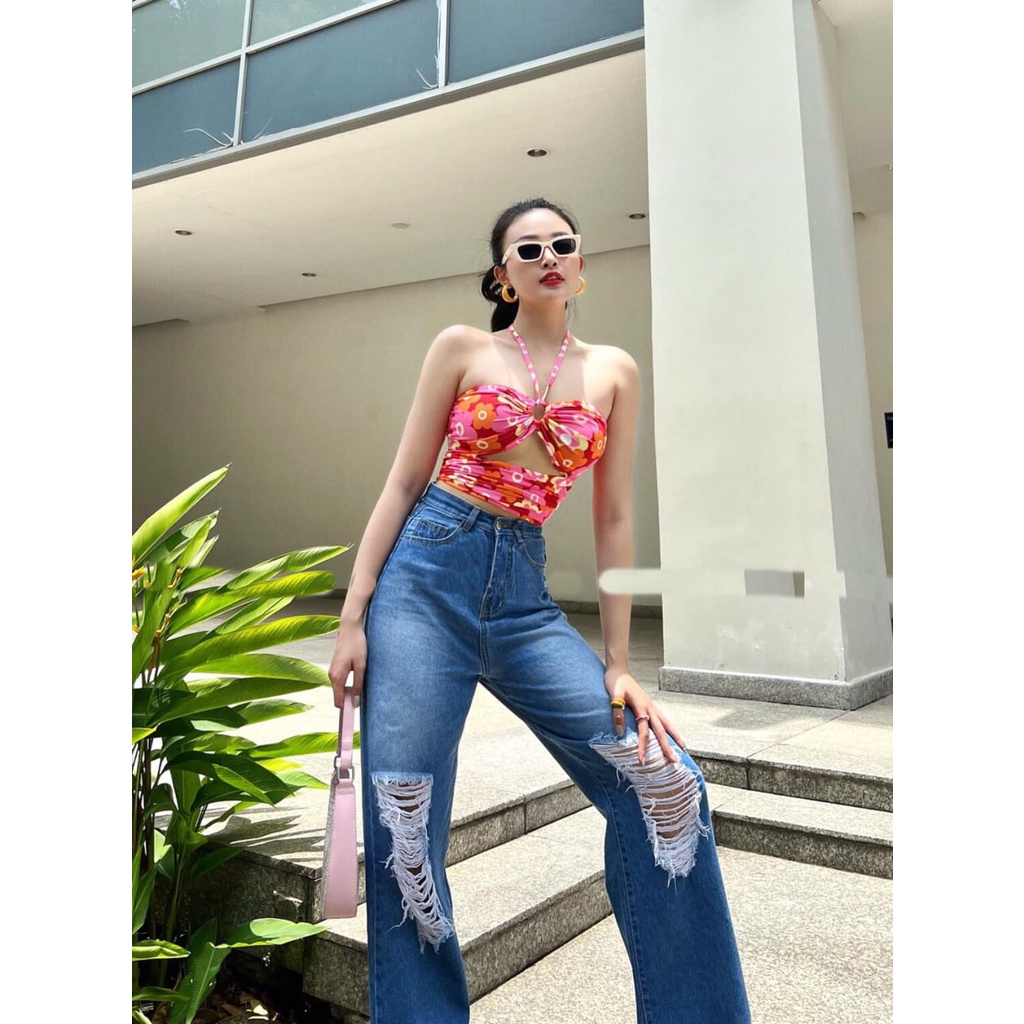 QUẦN JEANS ỐNG RỘNG NỮ LƯNG CAO RÁCH 2 CÀO CHỮ NHẬT ĐÙI MÀU XANH ĐẬM PHỐI PHUN THỜI TRANG LAI CUỐN DÀY DẶN PHÁ CÁCH HADI