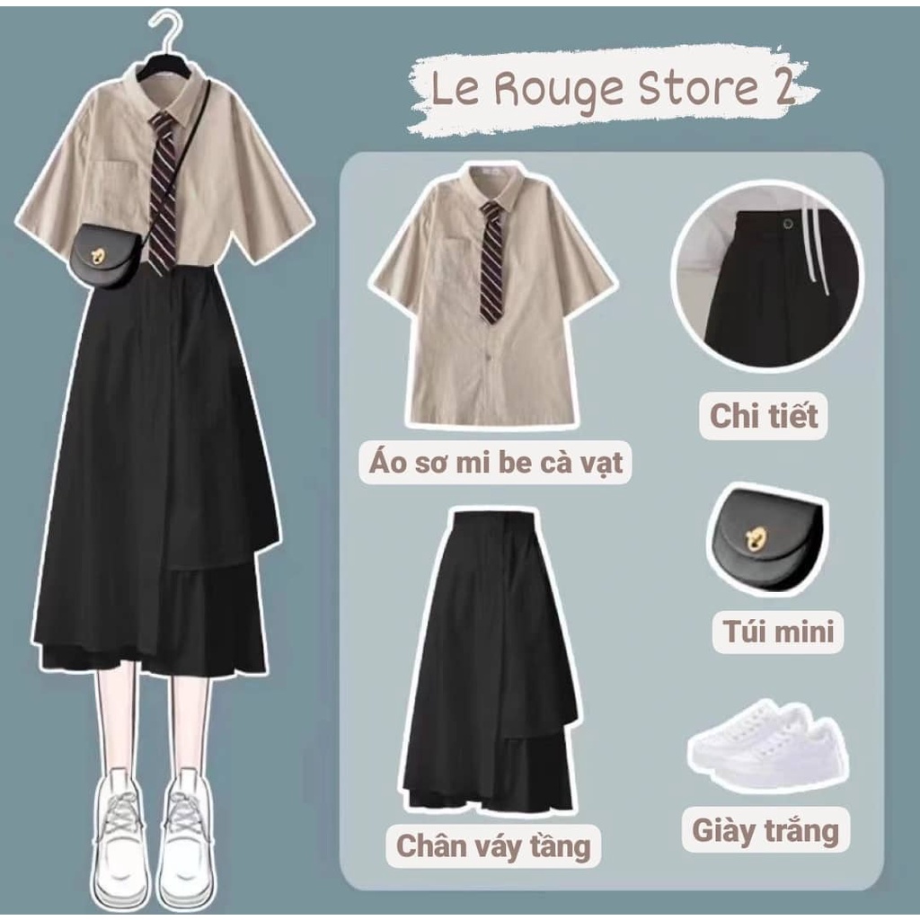 Set nữ ulzzang áo sơ mi be cà vạt kẻ tay ngắn mùa hè + chân váy dáng dài form chữ A tầng bèo kiểu Hàn có size
