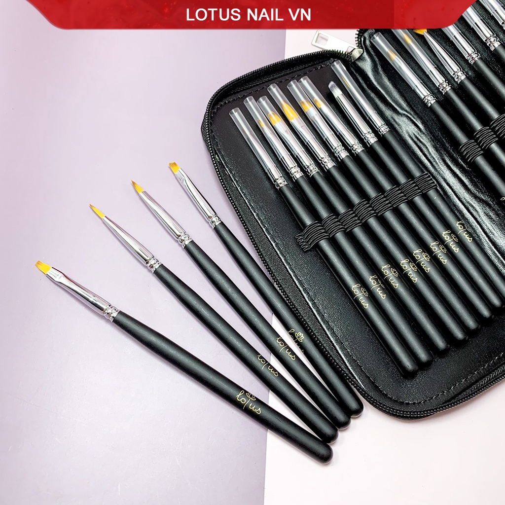 Bộ cọ nail, set cọ vẽ móng Lotus 16 cây cao cấp đủ loại, bao da xịn