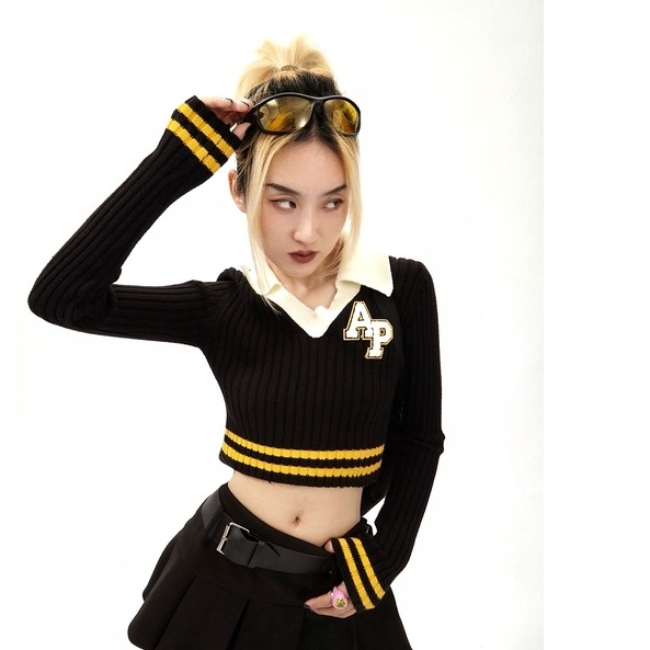 Áo Thun Dệt Kim Tay Dài Cổ Chữ V Thêu Họa Tiết Phong Cách Retro Mỹ Thời Trang Mới 2022 Dành Cho Bạn Nữ