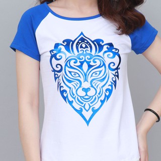 Z_23 | Áo thun Raglan ngắn tay in hình Sư tử xanh nước biển ánh kim COTTON 100% - Daladno