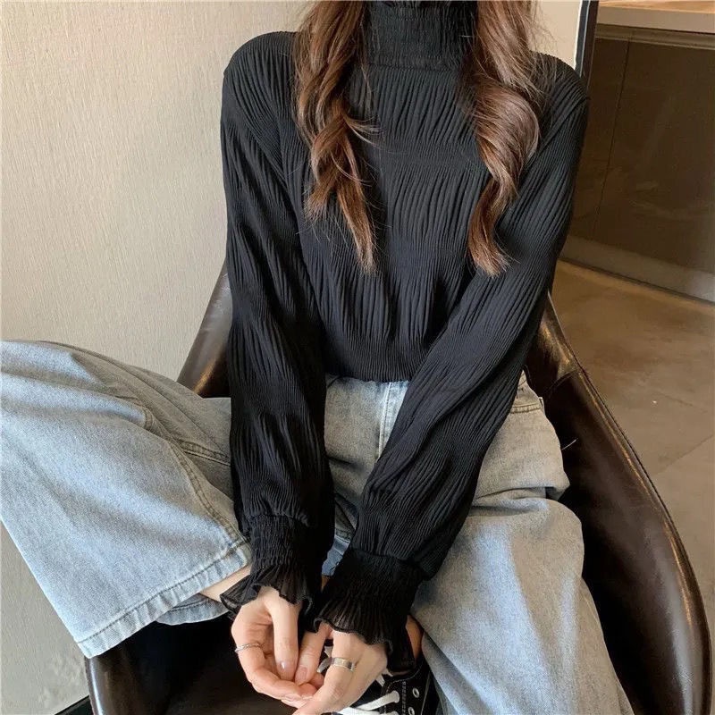 Áo sơ mi cổ cao lưới ren tay dài dáng rộng phong cách thu đông thời trang cho nữ