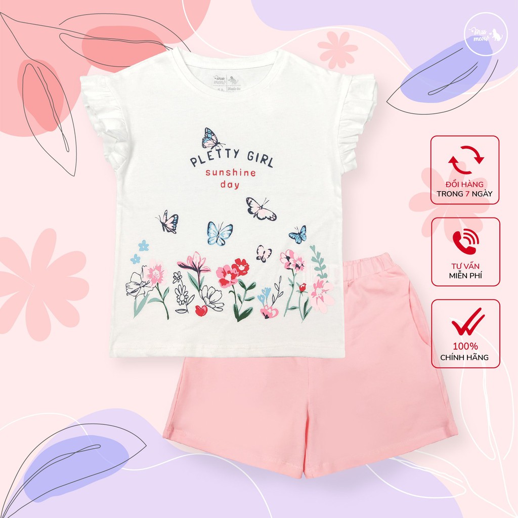 Đồ Bộ Bé Gái Miss Meow Set Bộ Cộc Tay Trẻ Em Phong Cách Hàn Quốc Chất Cotton In Hình Đẹp Cỡ 3,4,5,6,7,8,9,10,11 Tuổi