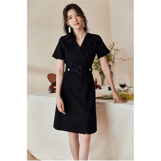 Đẩm giả cổ vest đấp chéo tay dài có đai eo dáng váy chữ a
