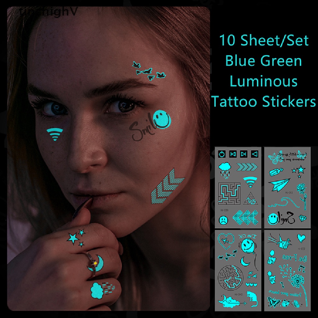 Bộ 10 Tấm Hình Xăm Dán Cổ Tạm Thời Họa Tiết Dạ Quang Độc Đáo