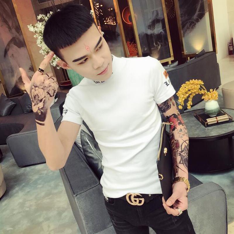 Áo nam Tay Ngắn Cổ Cao Có Thêu Chữ Thời Trang Phong Cách