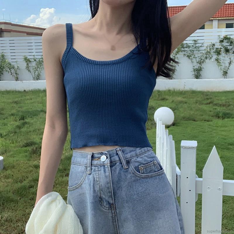 Áo hai dây dệt kim cổ vuông màu trơn kiểu dáng thời trang cho nữ