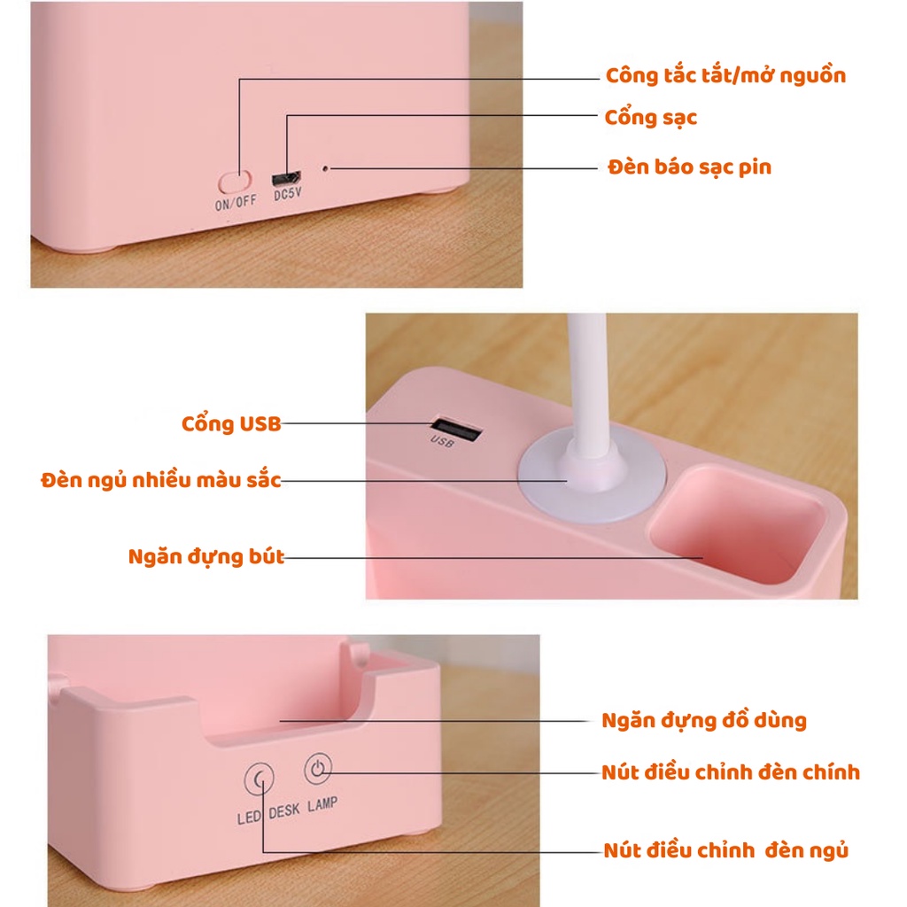 Đèn Học Để Bàn Tích Điện Đa Năng, Đèn LED Chống Cận Với 3 Màu Sáng Có Ngăn Chứa Đồ Dùng Và Cổng USB 5V