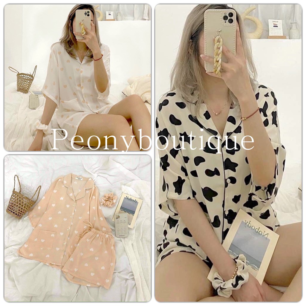 Set Pijama Buộc Tóc PEONYB Nữ [FREESHIP]  Bộ đồ quần áo mùa hè, thun bò sữa tay lỡ hình trái tim Ulzzang