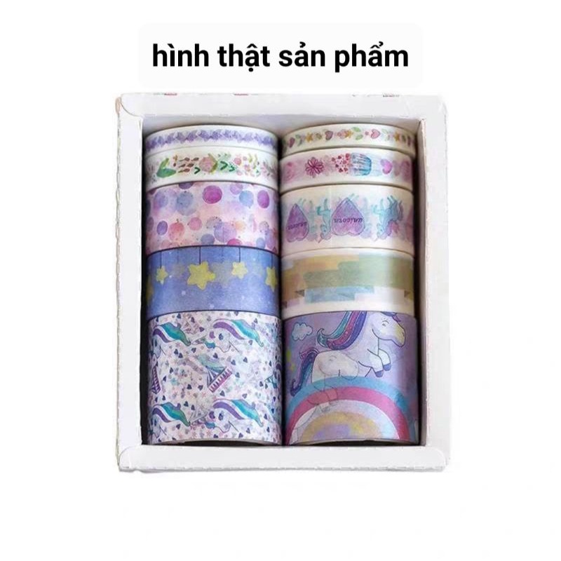 Hộp washitape kỳ lân galaxy 10 cuộn nhiều size