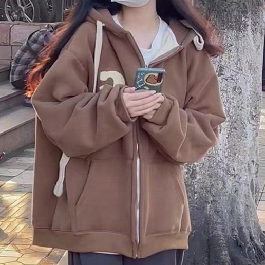ZHELIHANGFEI Áo Khoác Tay Dài Có Nón Phối Khóa Kéo Phong Cách Nhật Bản